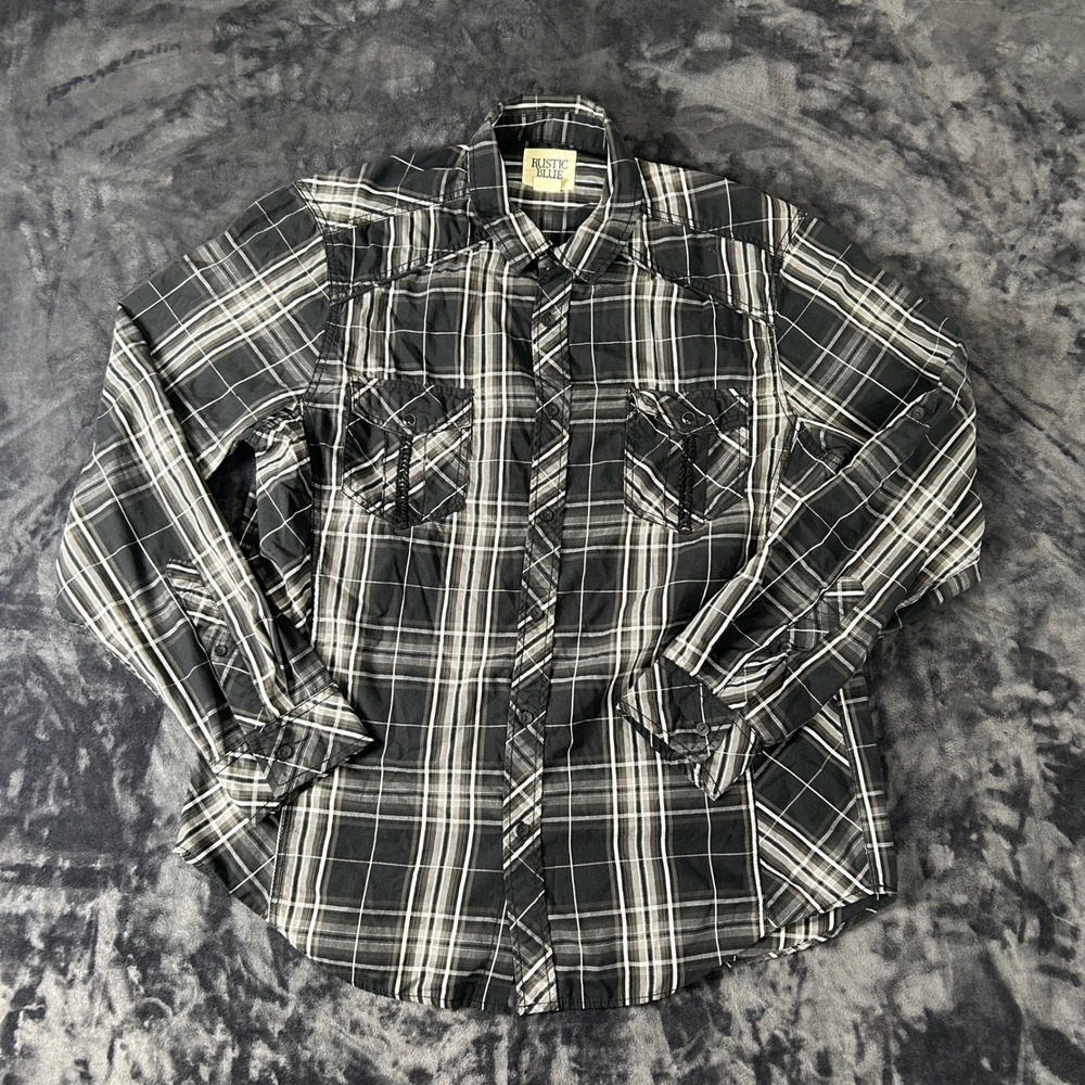 Rustic Blue Button Down Shirt Mens XL Black Plaid Long Sleeve Western 68L04592